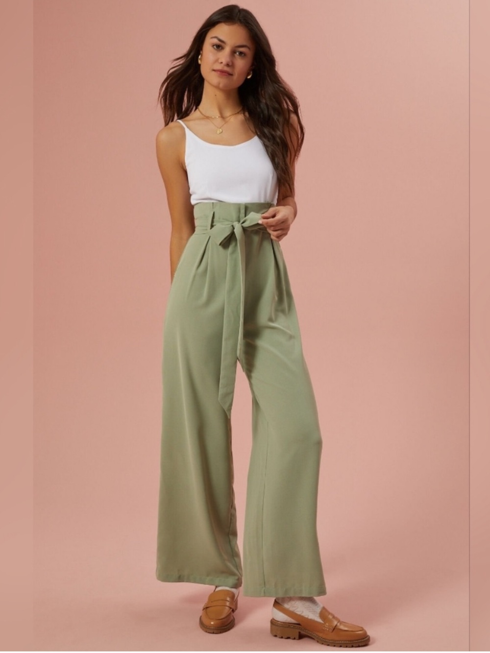 Altar'd State Tori Tie Waist Wide Leg Jumpsuit In Sage Green & White Size S